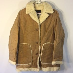 Puffy Warm Tan Winter Coat Leather / wool Large
